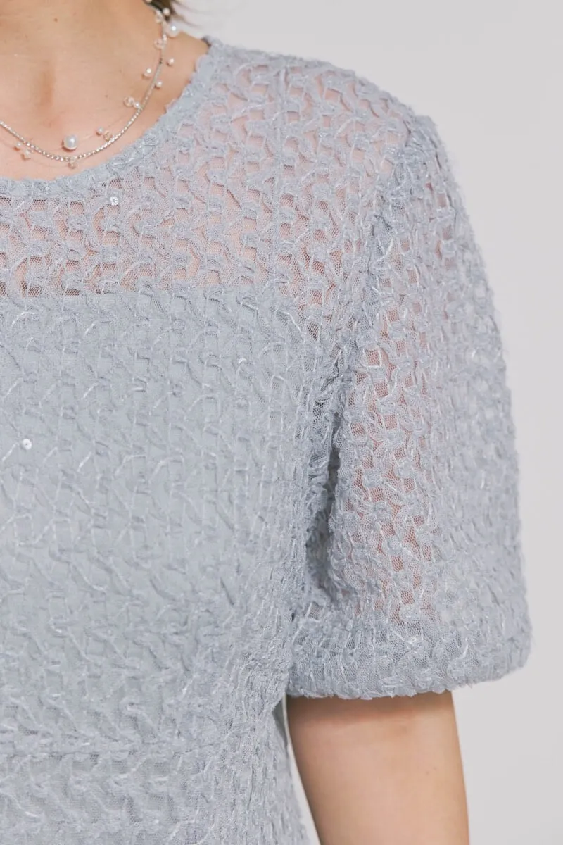 サックスのスパンコールレースドレス　M/kaene