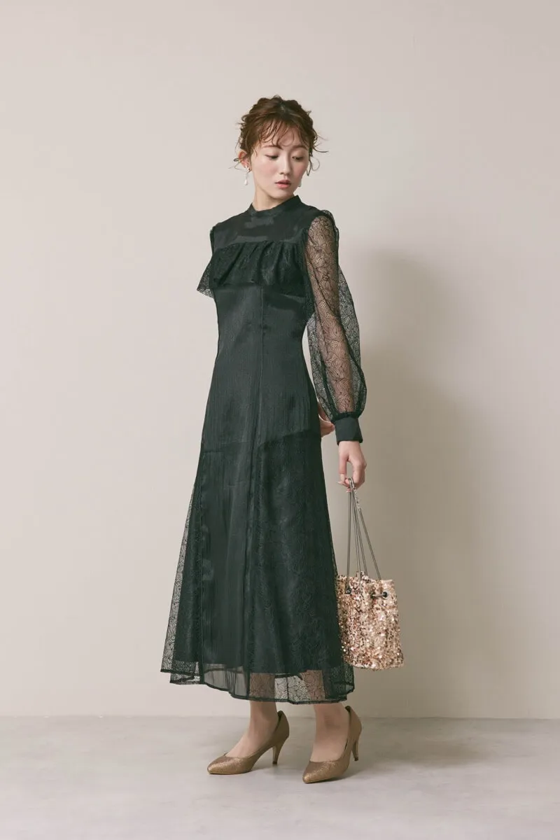 ブラックのシアーレースコンビネーションドレス