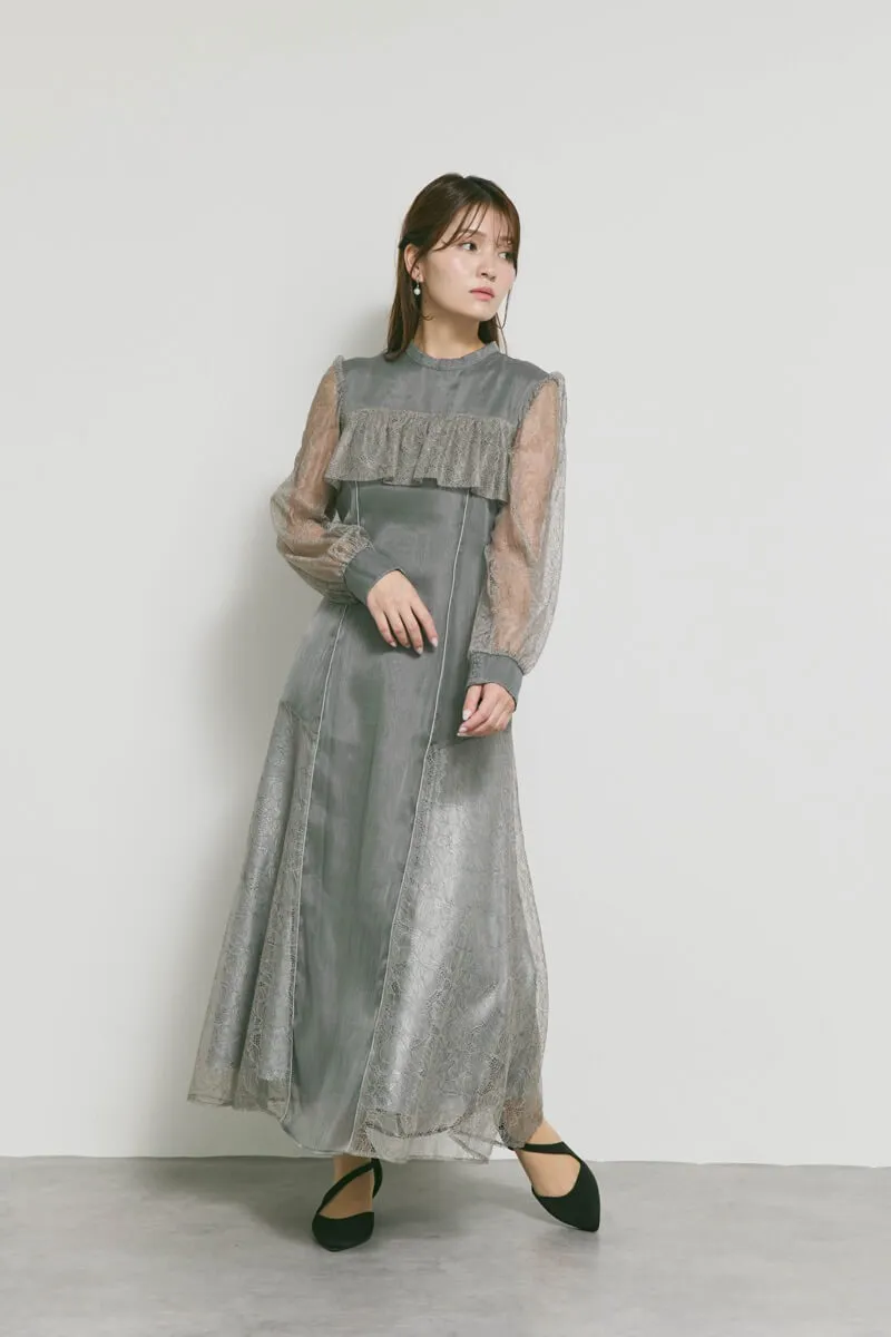 チャコールのシアーレースコンビネーションドレス