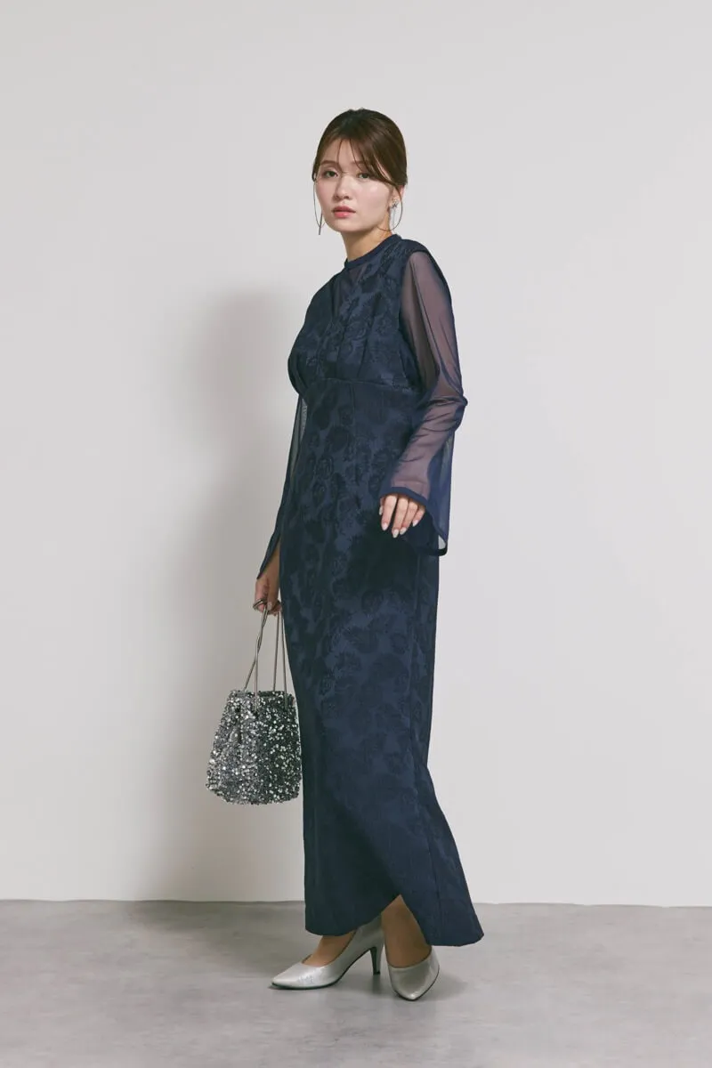 ネイビーのジャガードIラインドレス