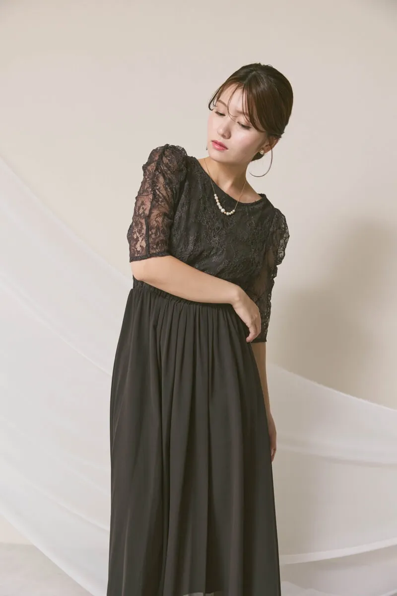 チャコールグレーのパワーショルダーレースドレス　M/YECCA VECCA