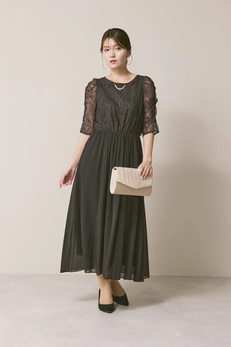 チャコールグレーのパワーショルダーレースドレス　M/YECCA VECCA