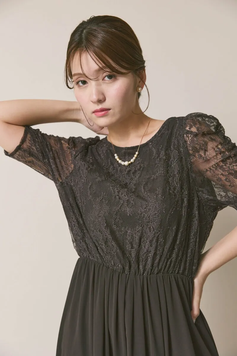 チャコールグレーのパワーショルダーレースドレス　M/YECCA VECCA