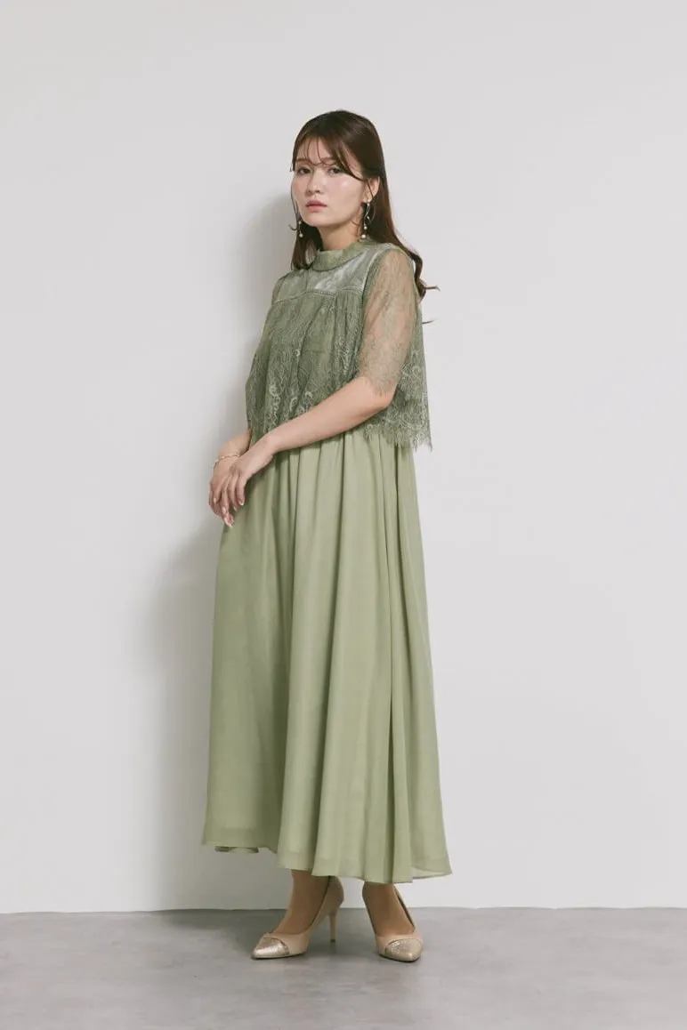 モーヴグリーンの授乳口付ハイネックレースドレス　M/Select Shop