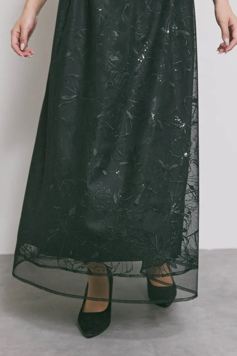 ブラックのレースミックスチュールドレス　S/kaene