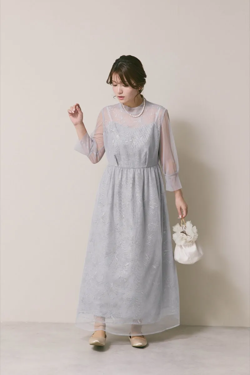 サックスのレースミックスチュールドレス　S/kaene