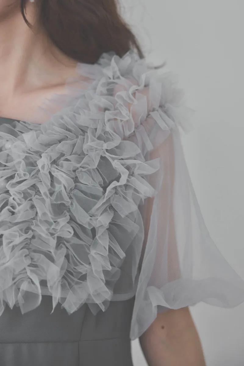 ブルーのチュールフリルアシンメトリードレス　S/Leja