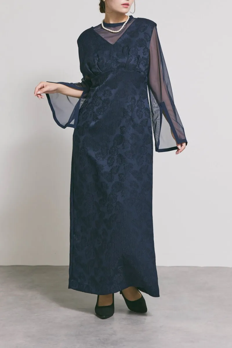 ネイビーのジャガードIラインドレス