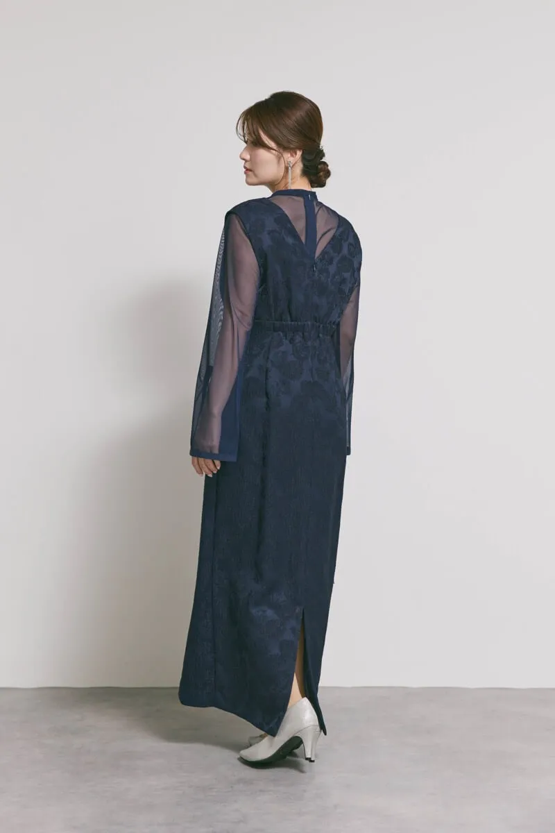 ネイビーのジャガードIラインドレス