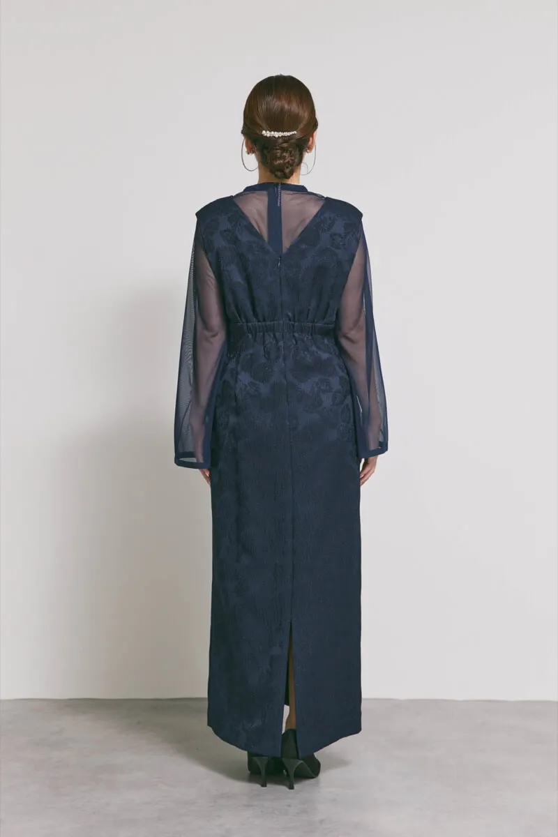 ネイビーのジャガードIラインドレス