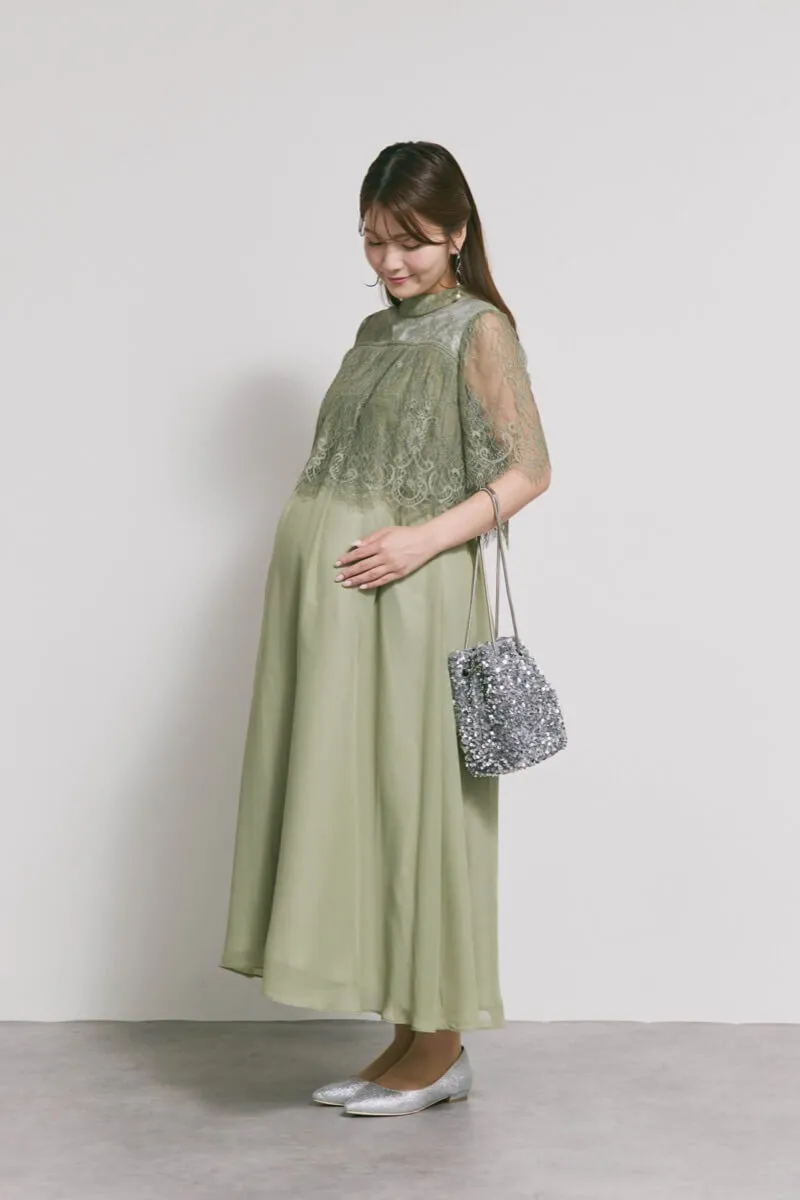 モーヴグリーンの授乳口付ハイネックレースドレス