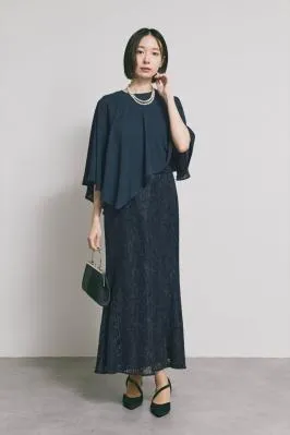 ネイビーのケープレイヤードドレス　M/eneak [ 店頭販売価格 47,300円 ]