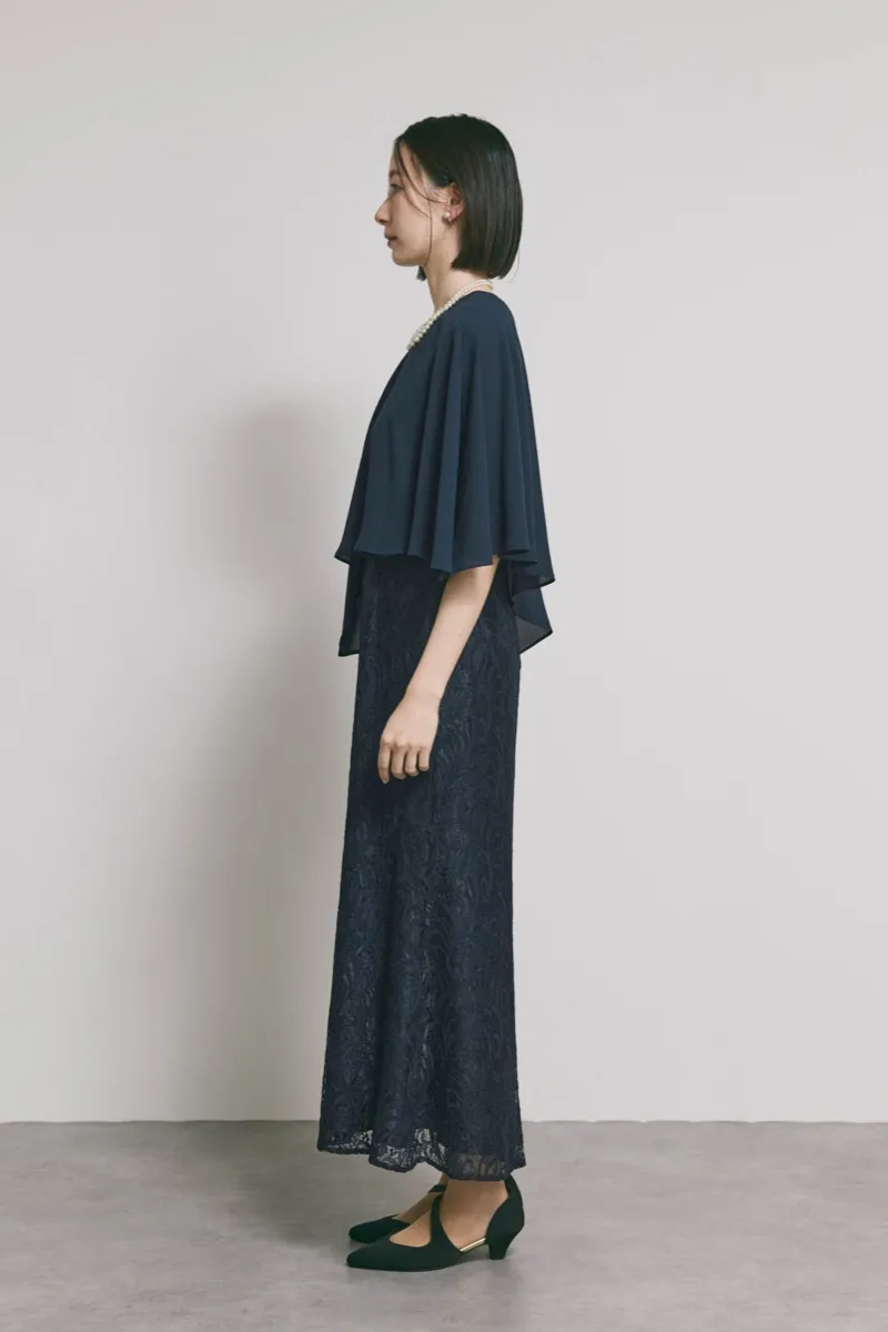 ネイビーのケープレイヤードドレス　M/eneak [ 店頭販売価格 47,300円 ]
