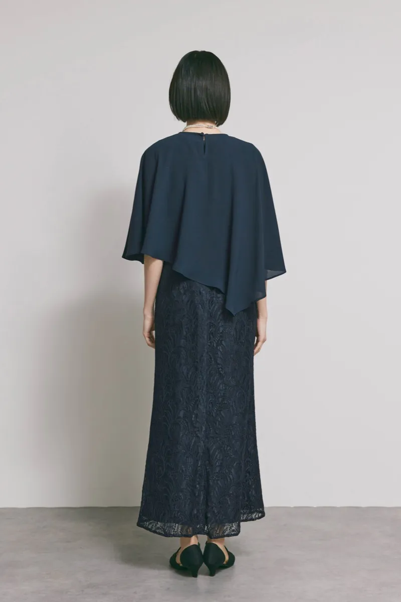 ネイビーのケープレイヤードドレス　M/eneak [ 店頭販売価格 47,300円 ]