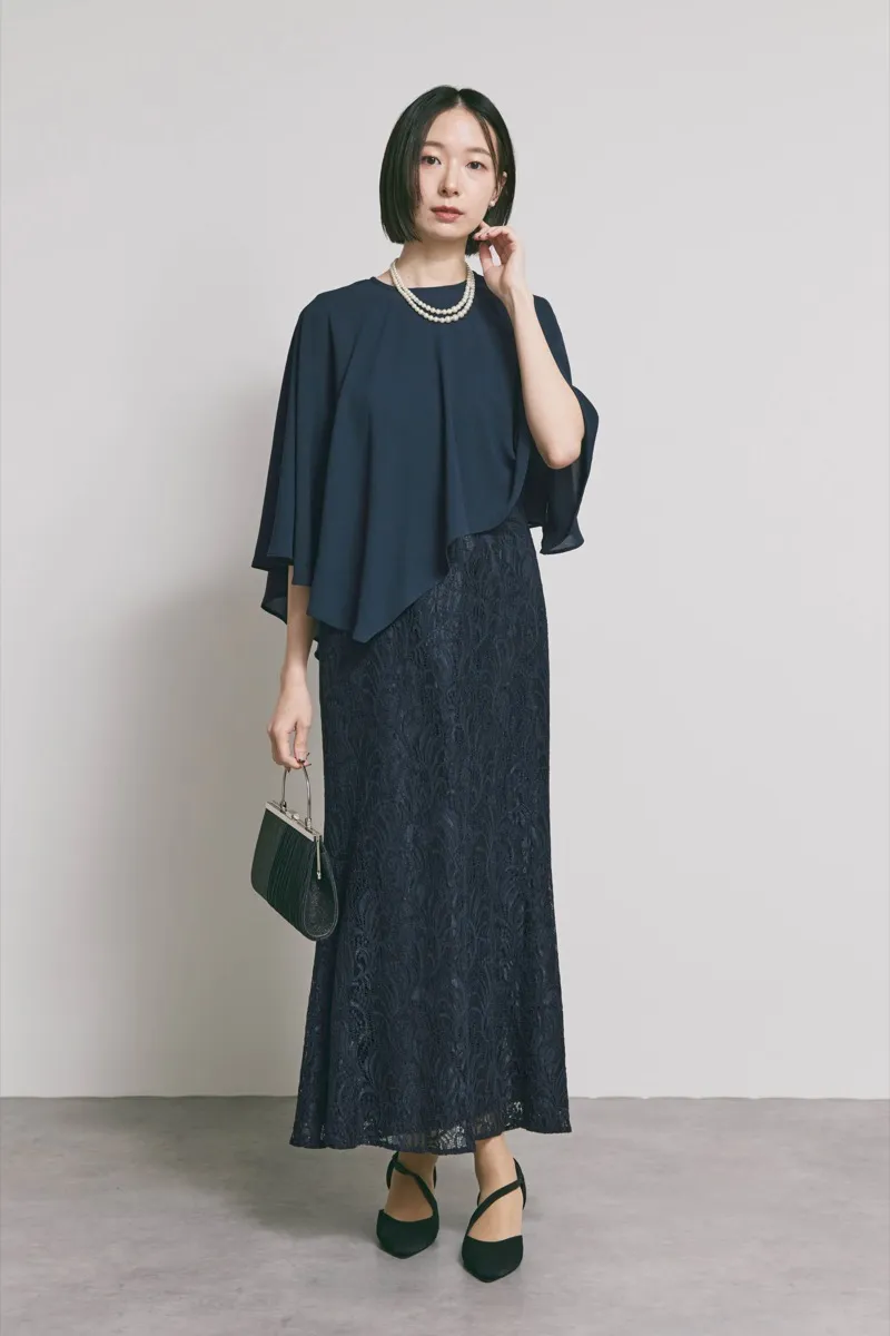 ネイビーのケープレイヤードドレス　L/eneak  [店頭販売価格 47,300円 ]