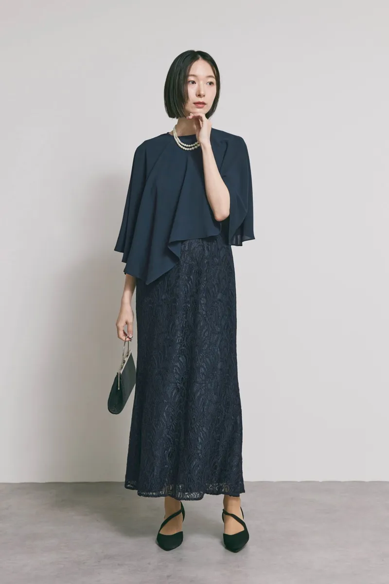 ネイビーのケープレイヤードドレス　L/eneak  [店頭販売価格 47,300円 ]