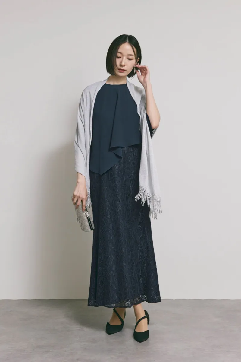 ネイビーのケープレイヤードドレス　L/eneak  [店頭販売価格 47,300円 ]