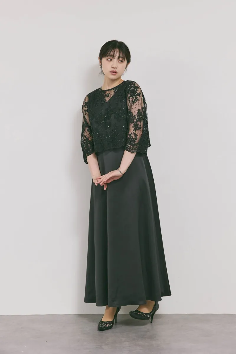 ブラックのシャイニーレースレイヤードドレス　M/eneak [店頭販売価格49,500円 ]