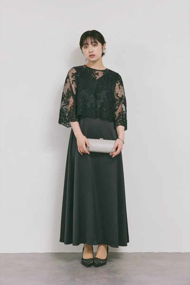 ブラックのシャイニーレースレイヤードドレス　M/eneak [店頭販売価格49,500円 ]