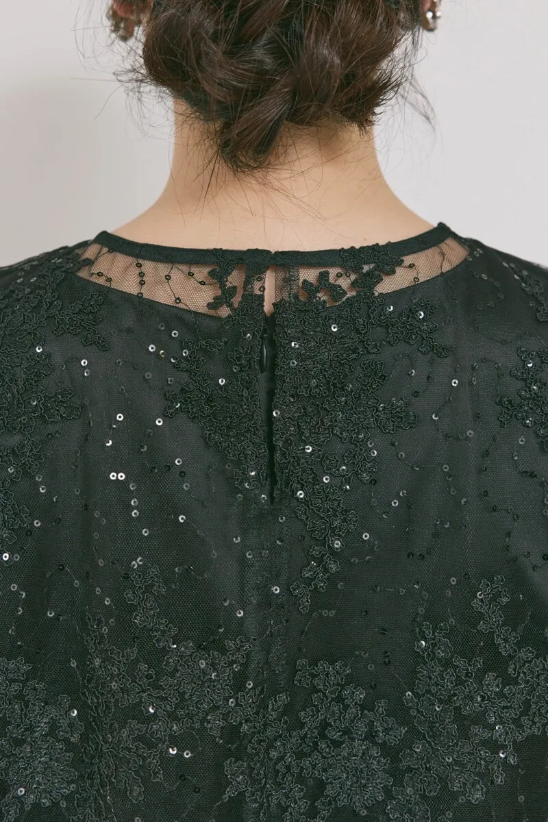 ブラックのシャイニーレースレイヤードドレス　M/eneak [店頭販売価格49,500円 ]