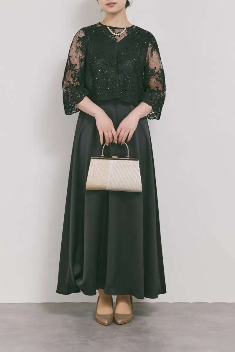 ブラックのシャイニーレースレイヤードドレス　L/eneak　[店頭販売価格49,500円]