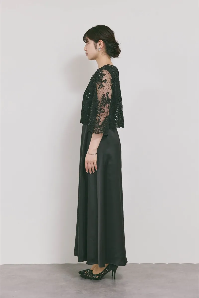 ブラックのシャイニーレースレイヤードドレス　L/eneak　[店頭販売価格49,500円]