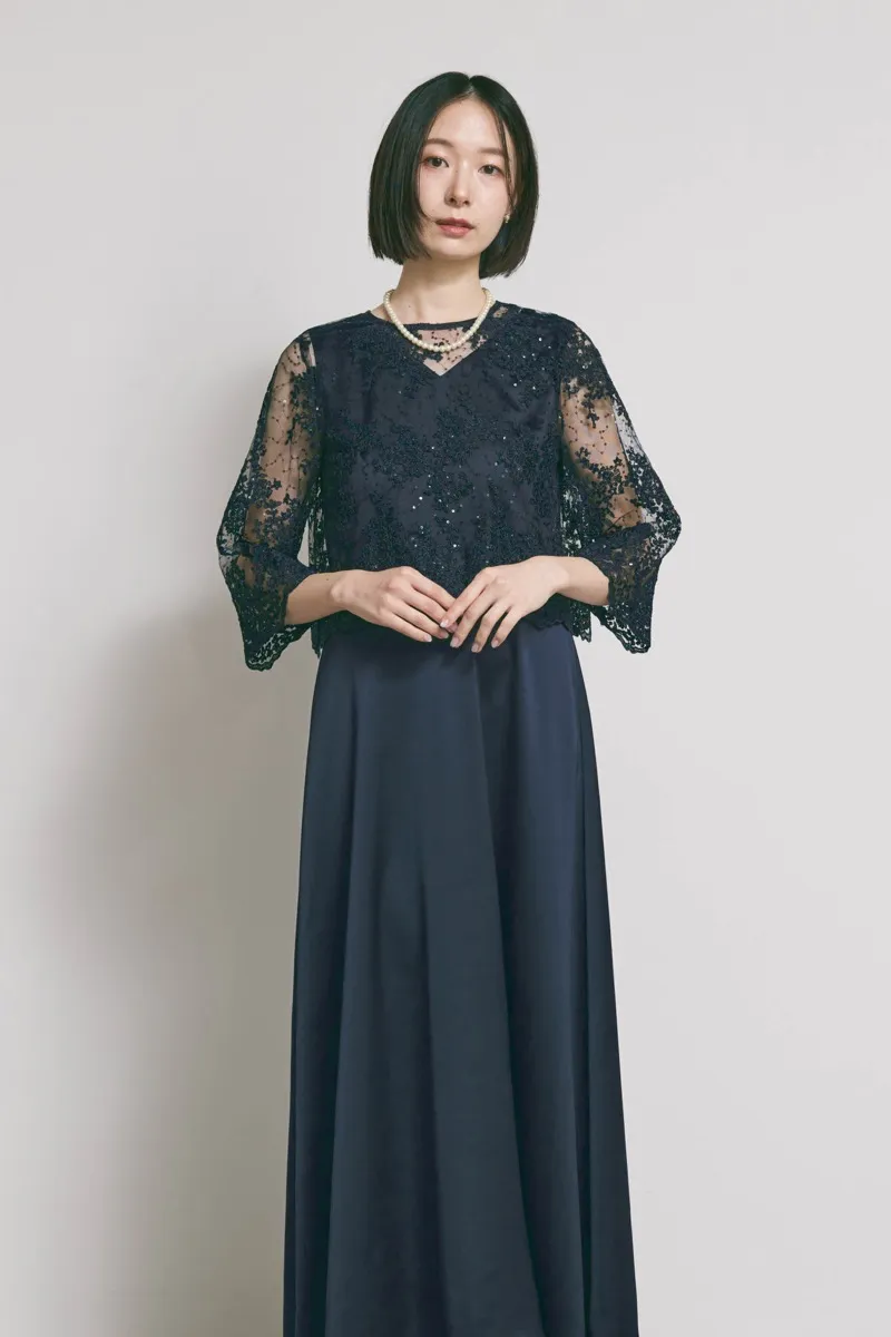 ネイビーのシャイニーレースレイヤードドレス　M/eneak [店頭販売価格 49,500円 ]