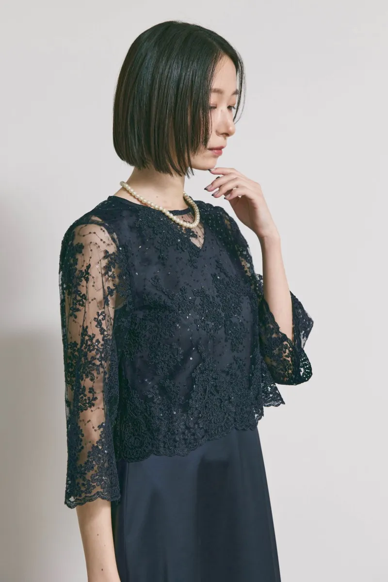 ネイビーのシャイニーレースレイヤードドレス　M/eneak [店頭販売価格 49,500円 ]