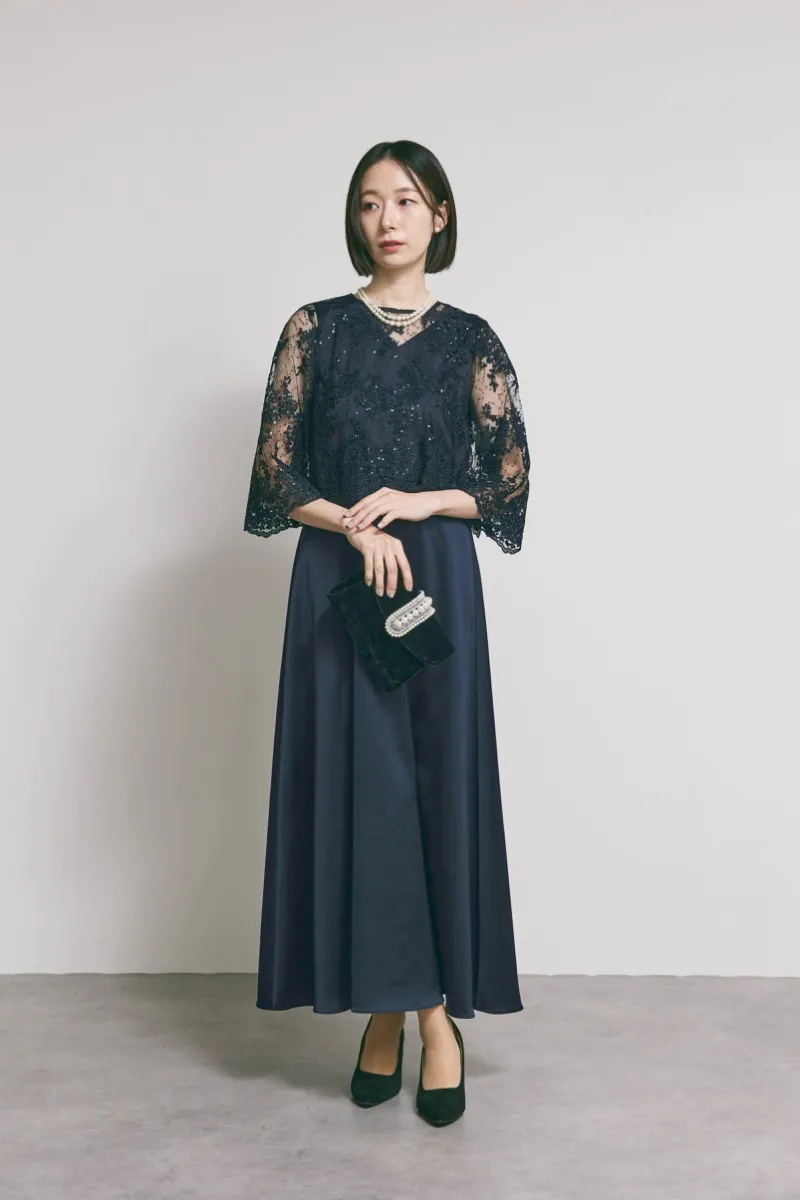 ネイビーのシャイニーレースレイヤードドレス　M/eneak [店頭販売価格 49,500円 ]