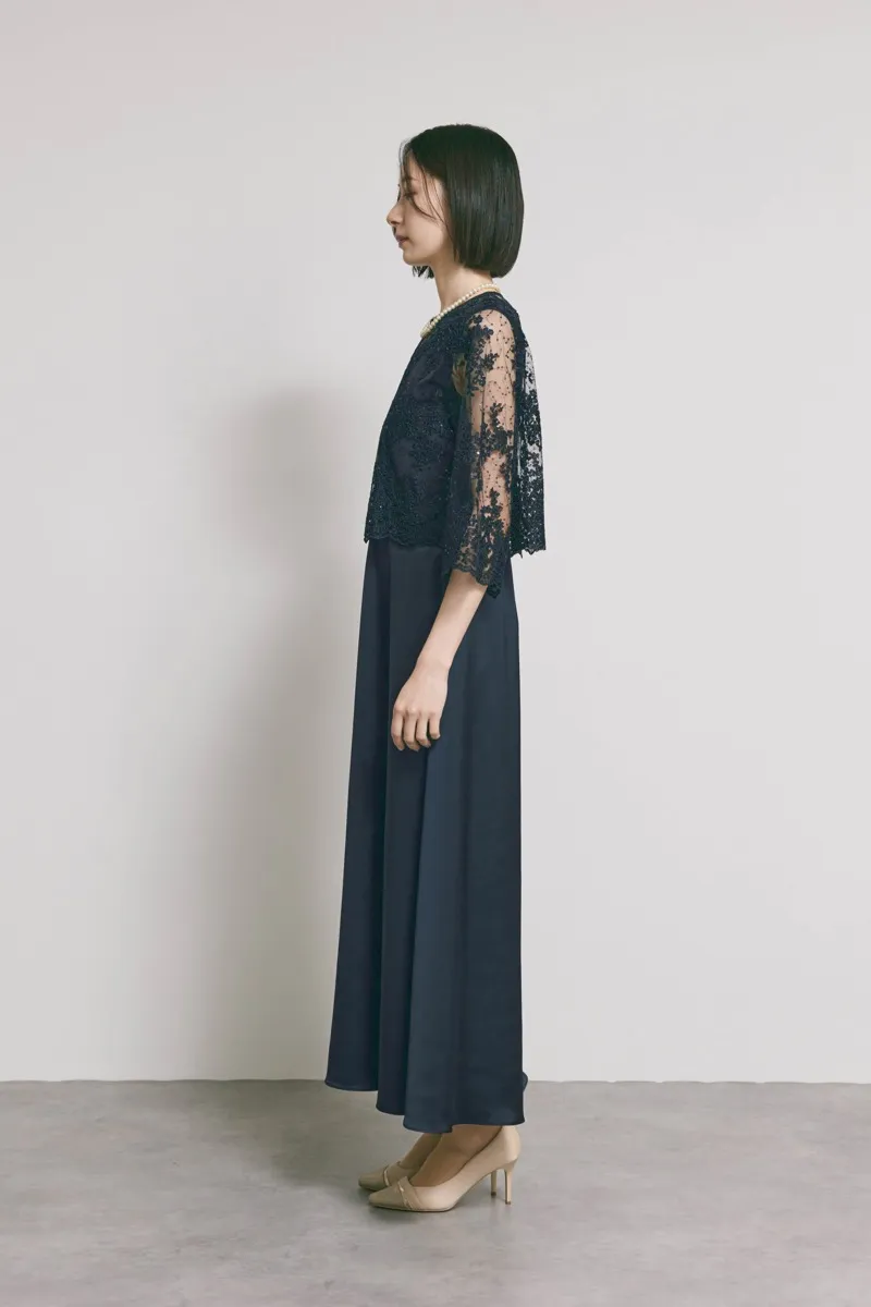 ネイビーのシャイニーレースレイヤードドレス　M/eneak [店頭販売価格 49,500円 ]
