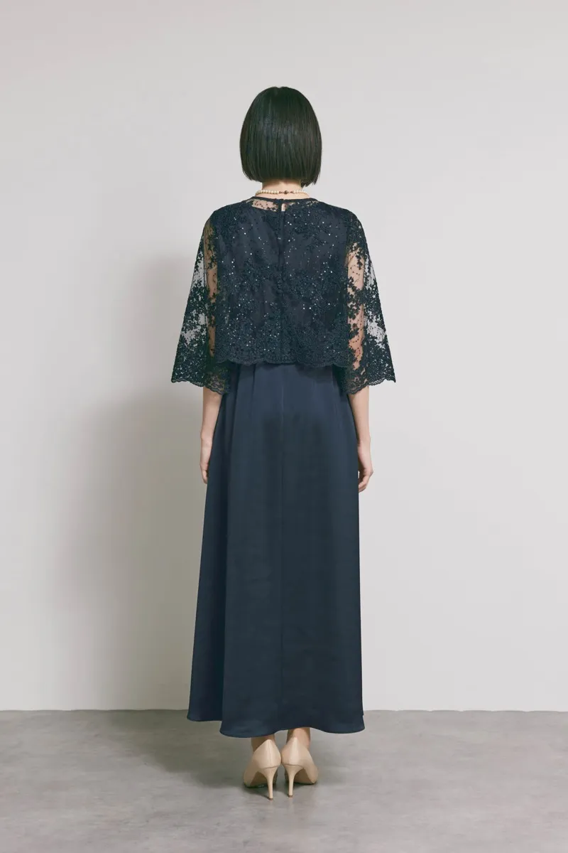 ネイビーのシャイニーレースレイヤードドレス　M/eneak [店頭販売価格 49,500円 ]