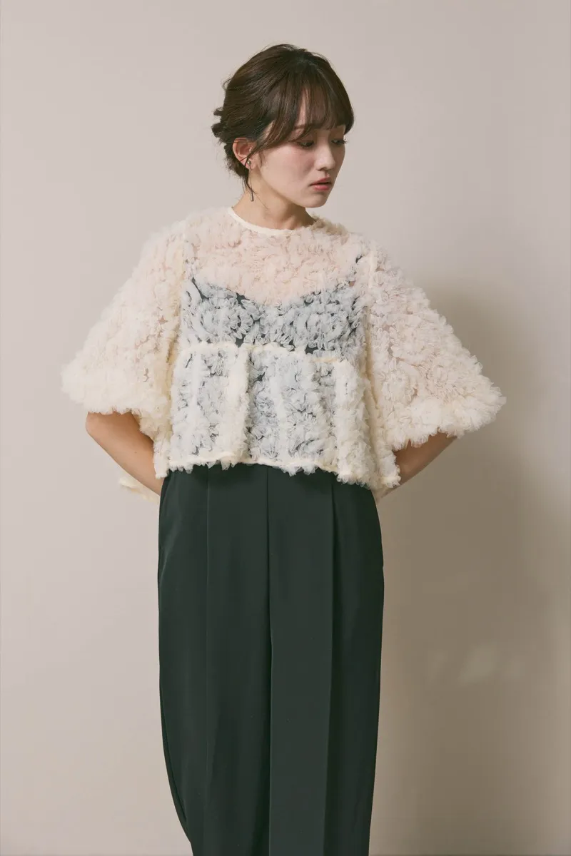 ホワイト✕ブラックのペタルテクスチャーパンツドレス　M/Select Shop