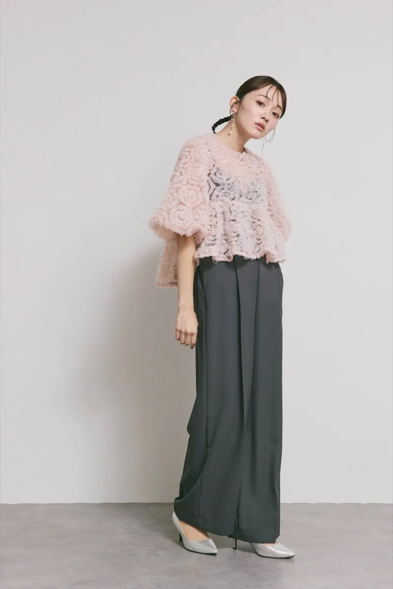 ピンク✕チャコールのペタルテクスチャーパンツドレス　M/Select Shop