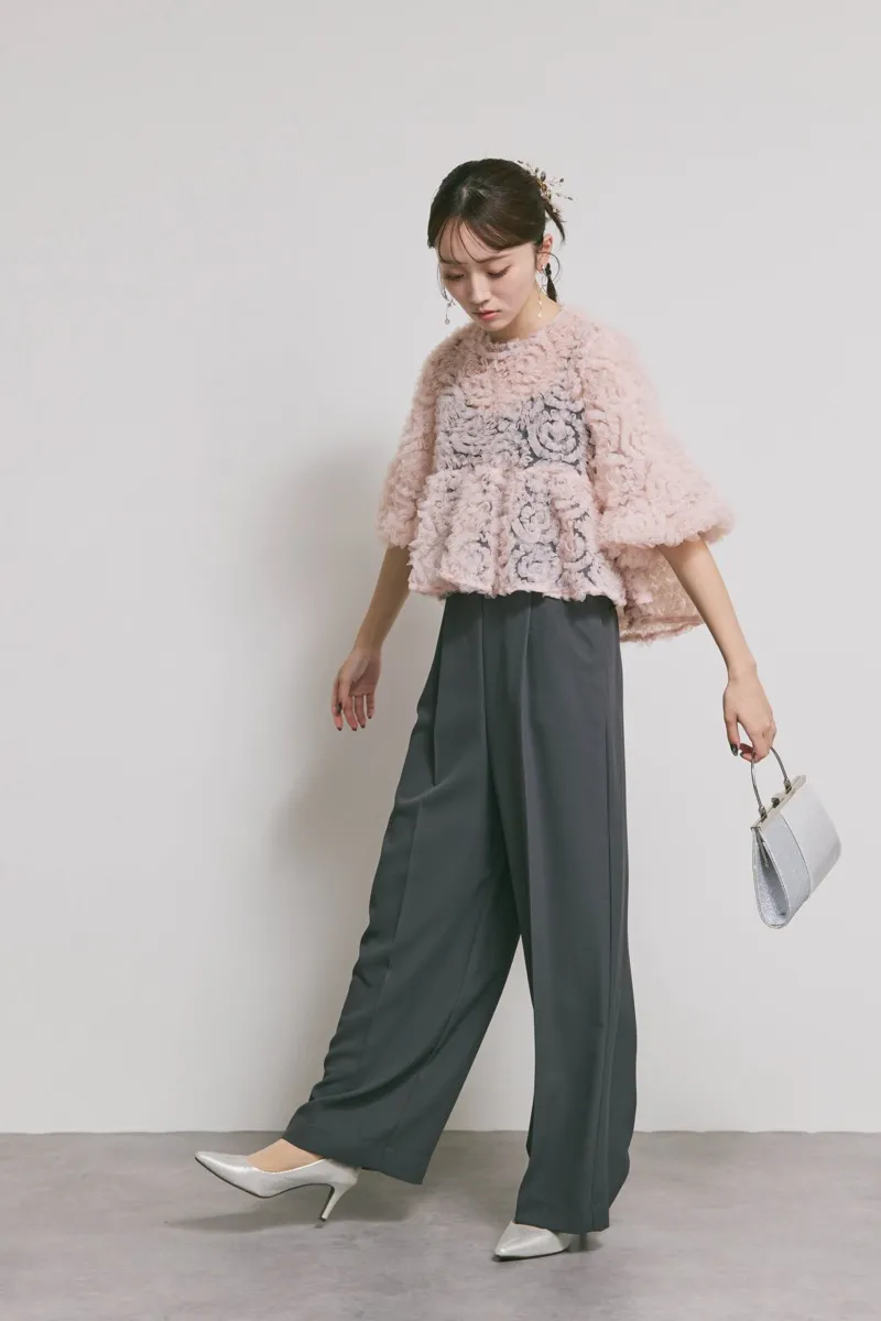 ピンク✕チャコールのペタルテクスチャーパンツドレス　M/Select Shop