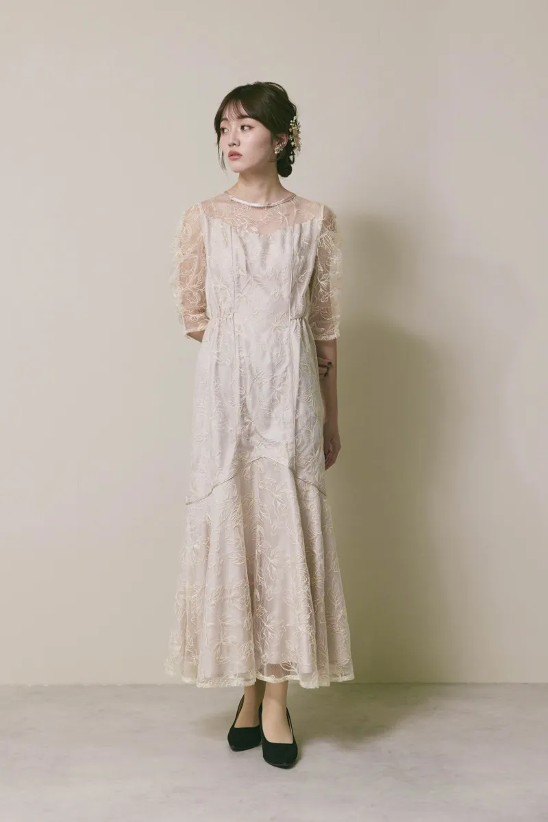 ライトベージュのフローラルチュールマーメイドドレス　M/Select Shop