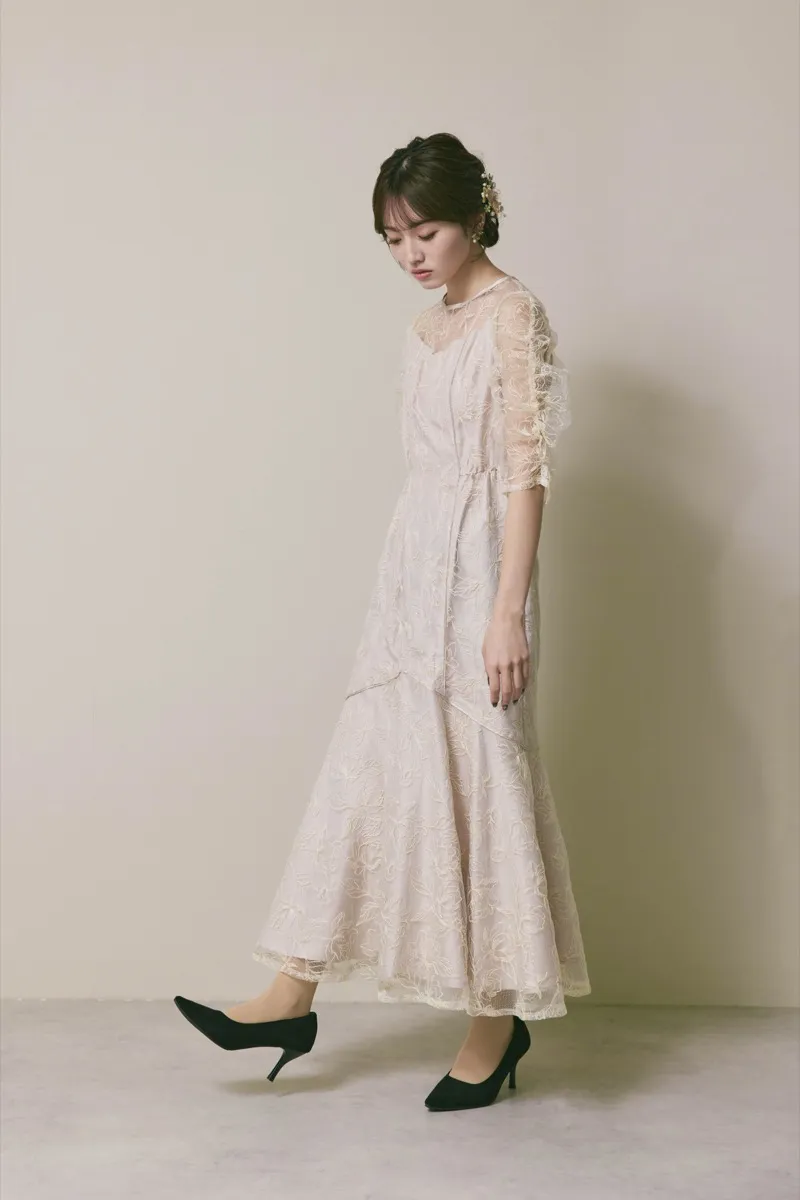 ライトベージュのフローラルチュールマーメイドドレス　M/Select Shop