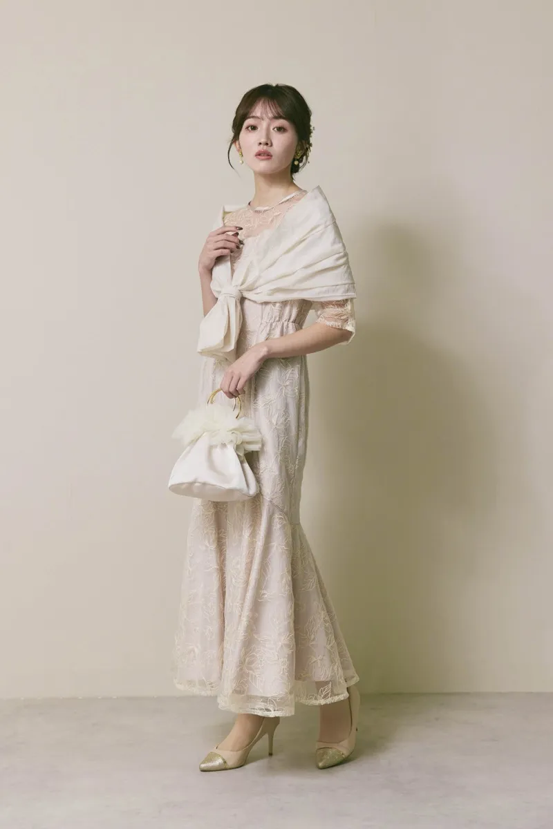 ライトベージュのフローラルチュールマーメイドドレス　M/Select Shop