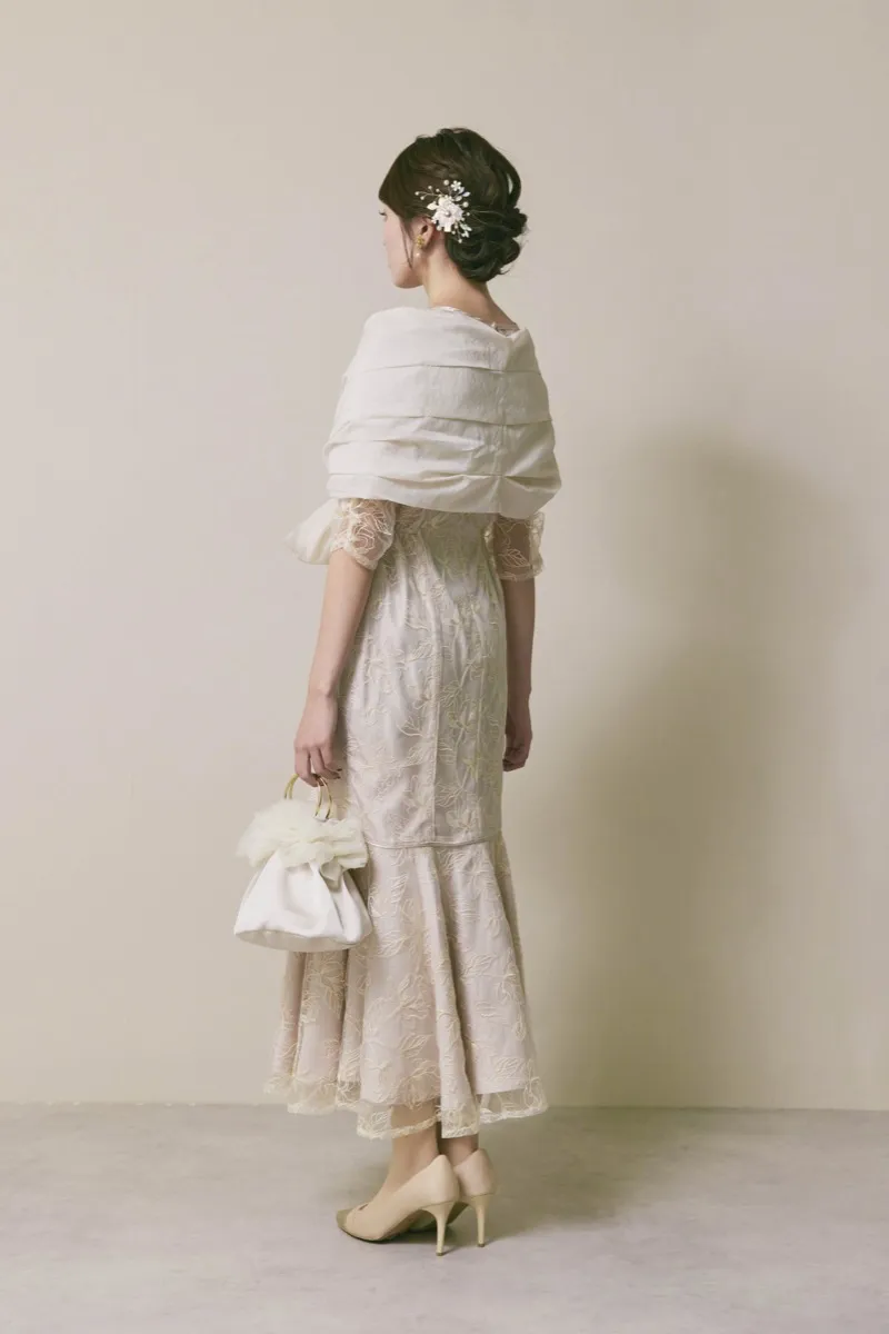 ライトベージュのフローラルチュールマーメイドドレス　M/Select Shop