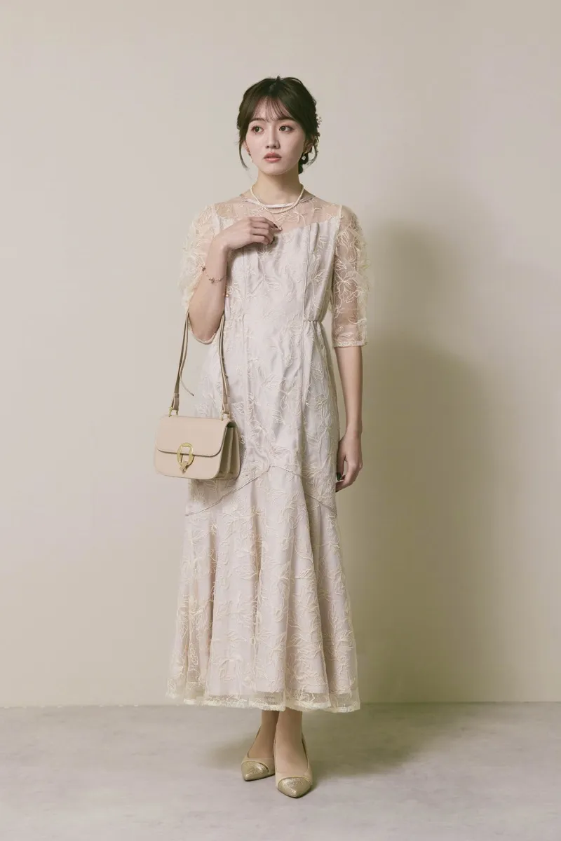 ライトベージュのフローラルチュールマーメイドドレス　M/Select Shop