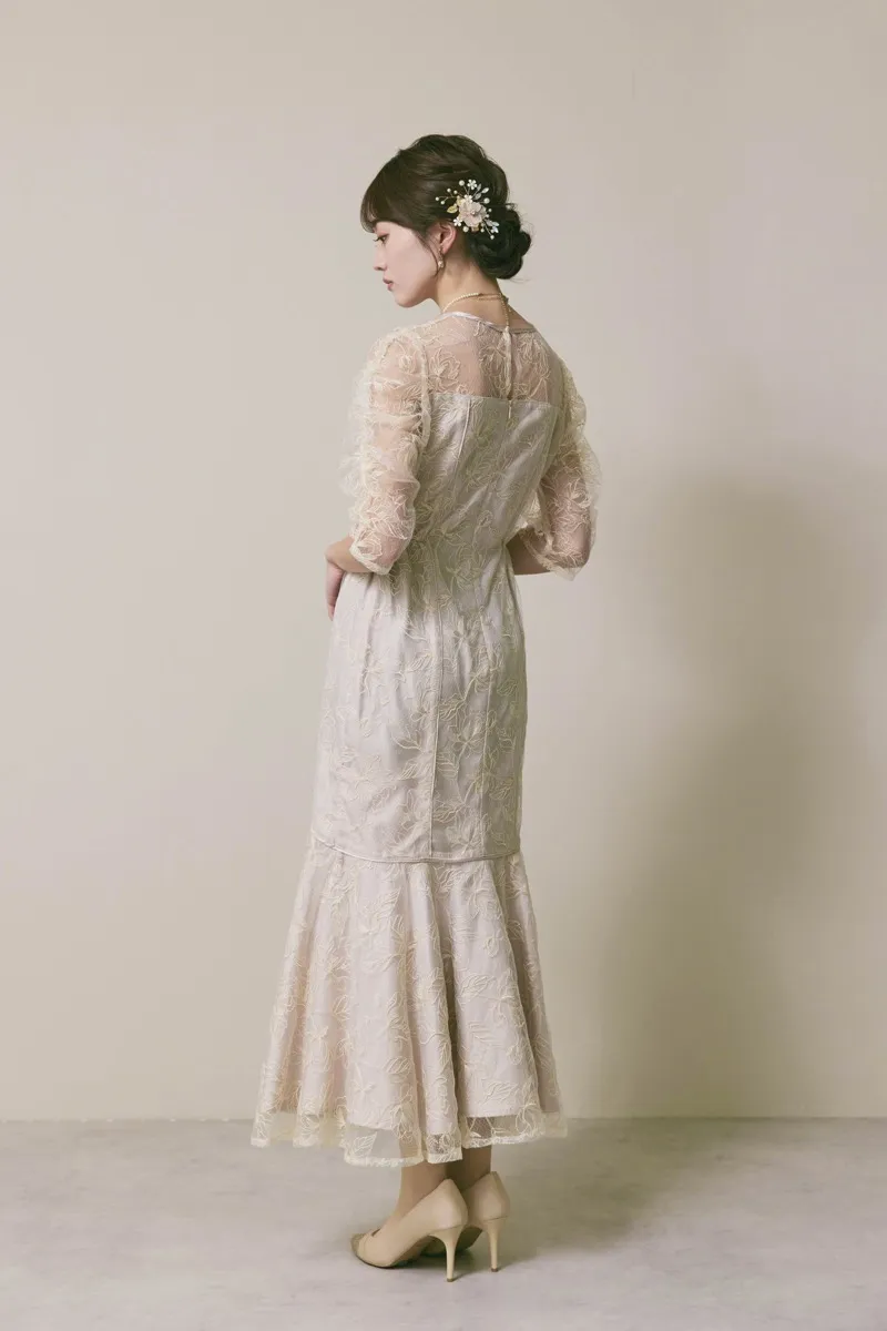 ライトベージュのフローラルチュールマーメイドドレス　M/Select Shop