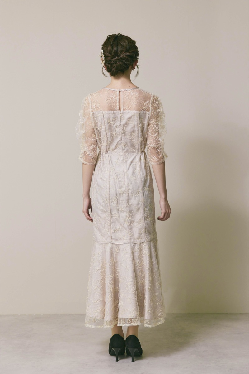 ライトベージュのフローラルチュールマーメイドドレス　M/Select Shop