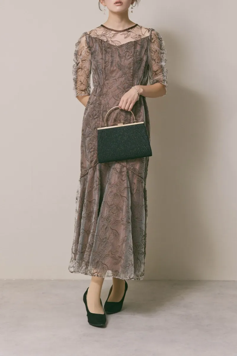 ブラウンのフローラルチュールマーメイドドレス　M/Select Shop