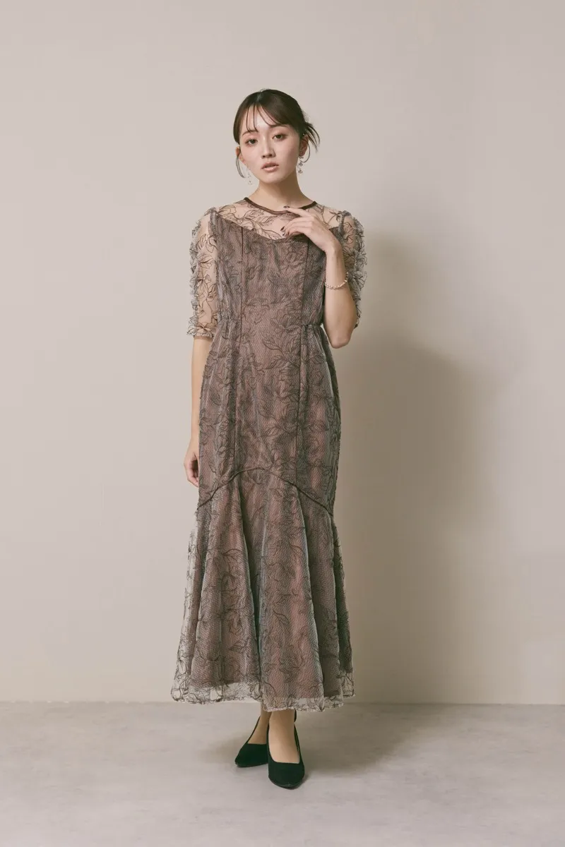 ブラウンのフローラルチュールマーメイドドレス　M/Select Shop