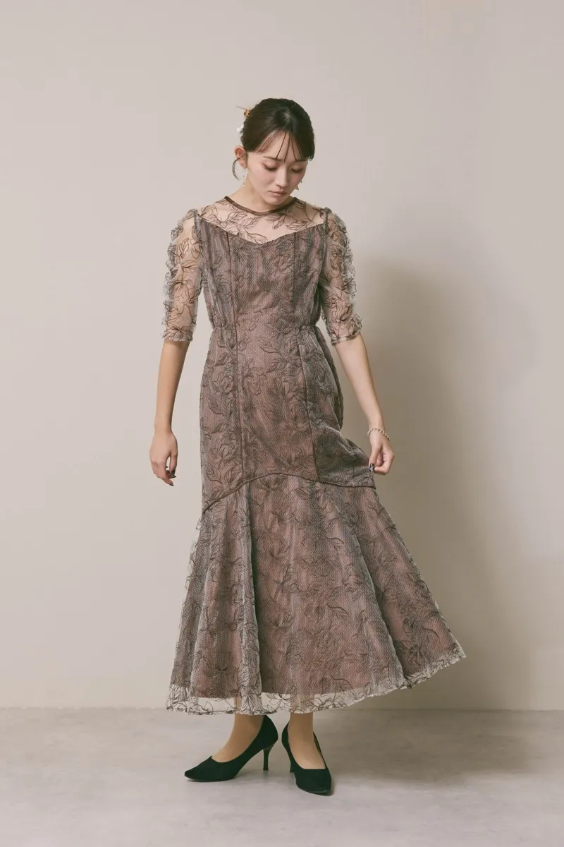 ブラウンのフローラルチュールマーメイドドレス　M/Select Shop