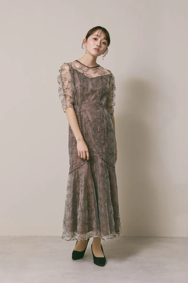 ブラウンのフローラルチュールマーメイドドレス　M/Select Shop