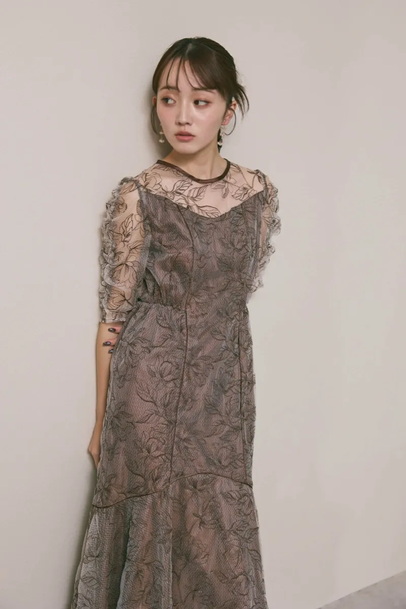 ブラウンのフローラルチュールマーメイドドレス　M/Select Shop