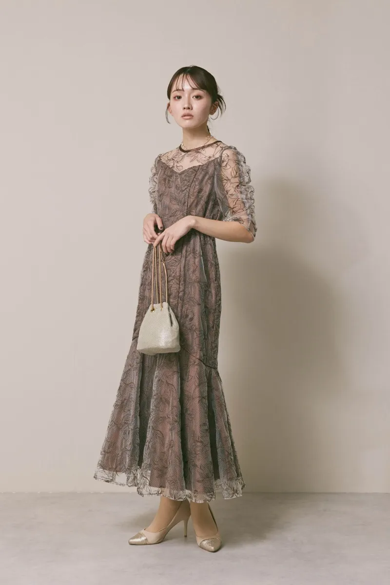 ブラウンのフローラルチュールマーメイドドレス　M/Select Shop