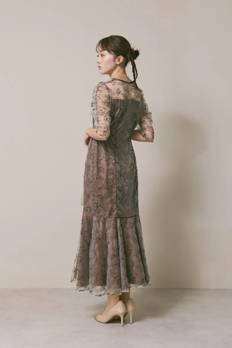 ブラウンのフローラルチュールマーメイドドレス　M/Select Shop