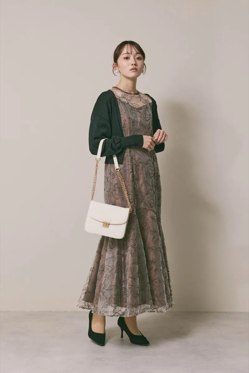 ブラウンのフローラルチュールマーメイドドレス　M/Select Shop