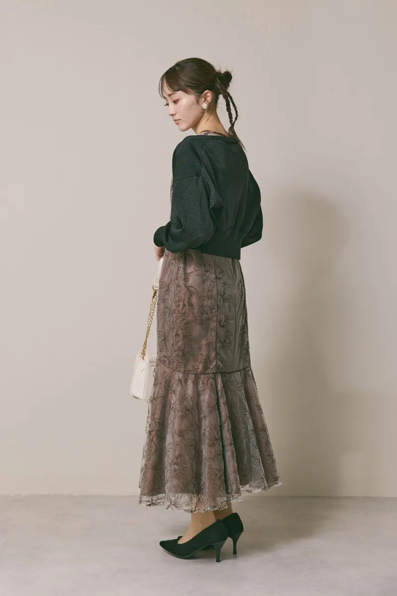 ブラウンのフローラルチュールマーメイドドレス　M/Select Shop